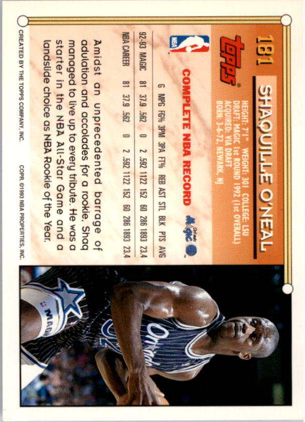1993-94 Topps Gold #181 Shaquille O'Neal back image