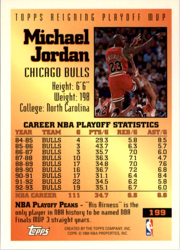 1993-94 Topps Gold #199 Michael Jordan FPM back image
