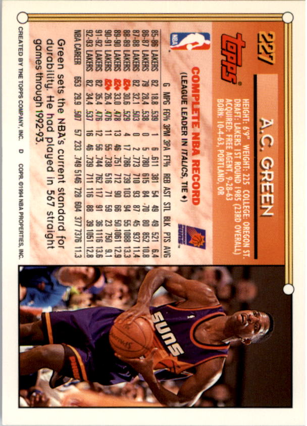 1993-94 Topps Gold #227 A.C. Green back image