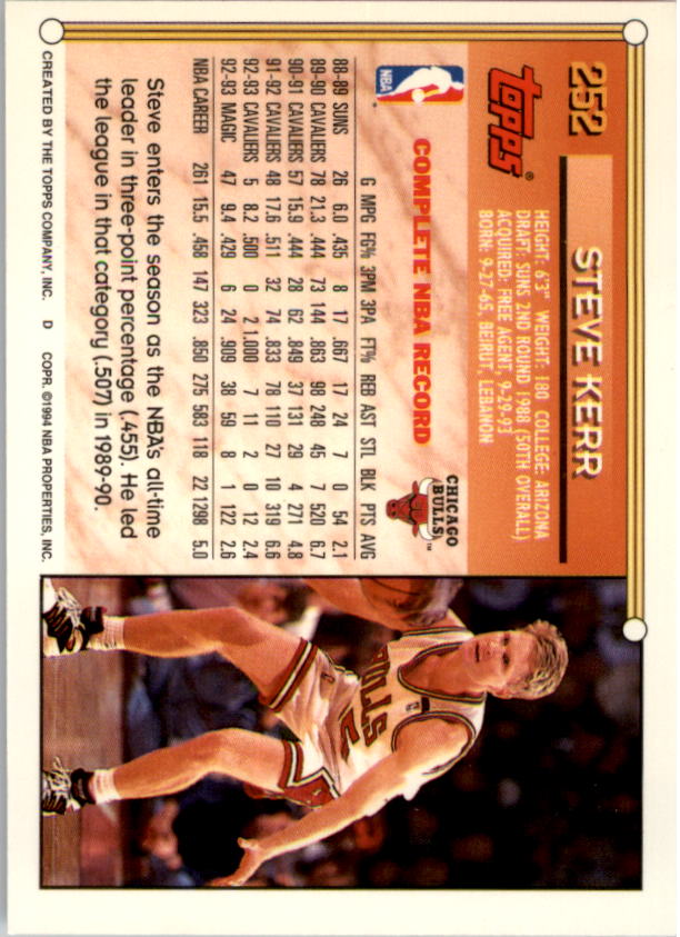 1993-94 Topps Gold #252 Steve Kerr back image