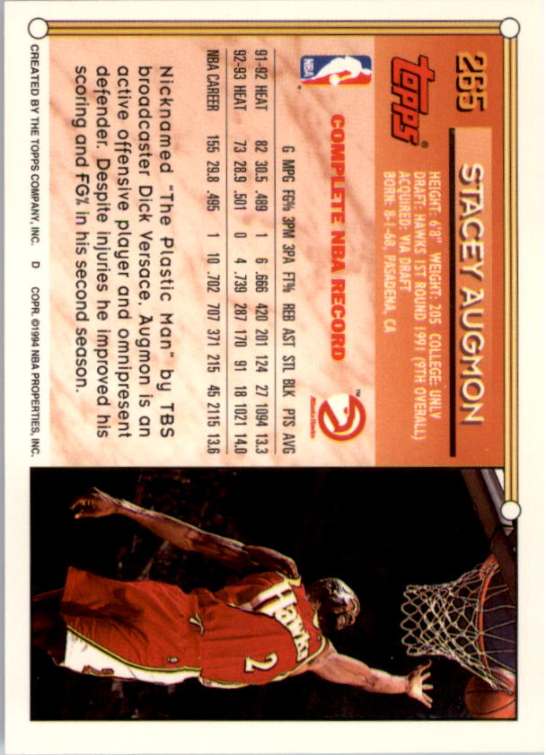 1993-94 Topps Gold #265 Stacey Augmon UER/(Listed with Heat in stats) back image