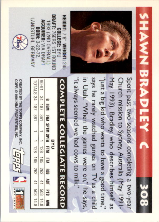 1993-94 Topps Gold #308 Shawn Bradley back image