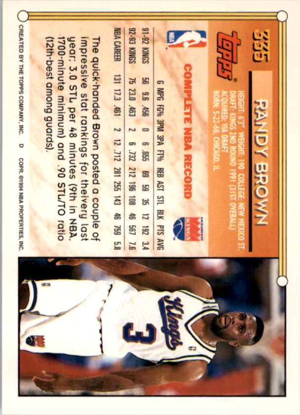 1993-94 Topps Gold #335 Randy Brown back image
