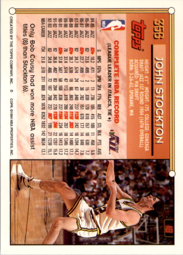 1993-94 Topps Gold #356 John Stockton back image
