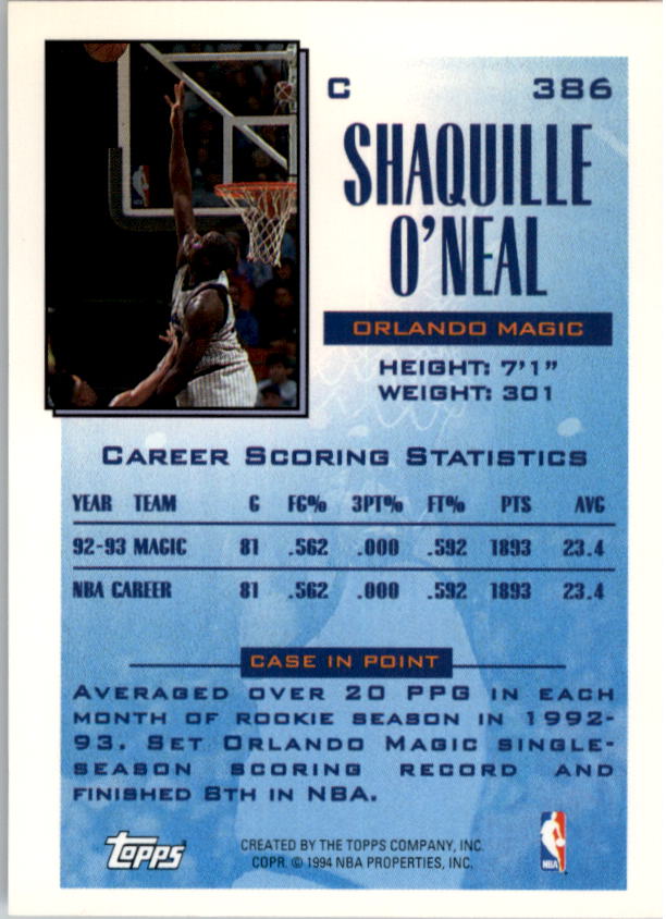 1993-94 Topps Gold #386 Shaquille O'Neal FSL back image