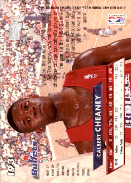 1993-94 Ultra #193 Calbert Cheaney RC back image
