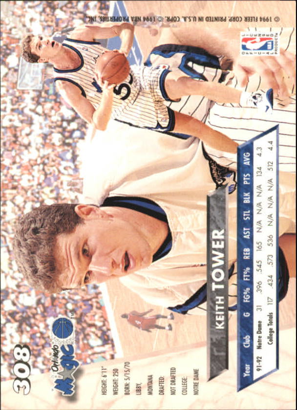 1993-94 Ultra #308 Keith Tower RC back image