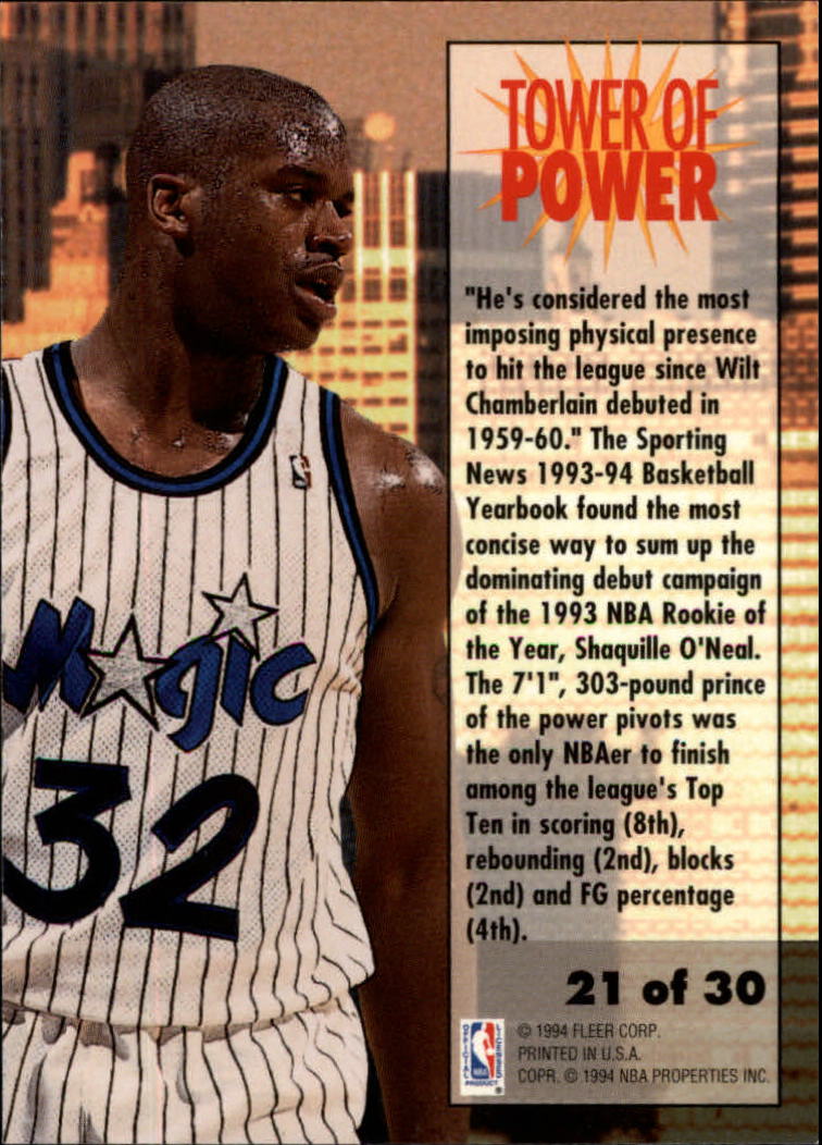 1993-94 Fleer Towers of Power #21 Shaquille O'Neal back image