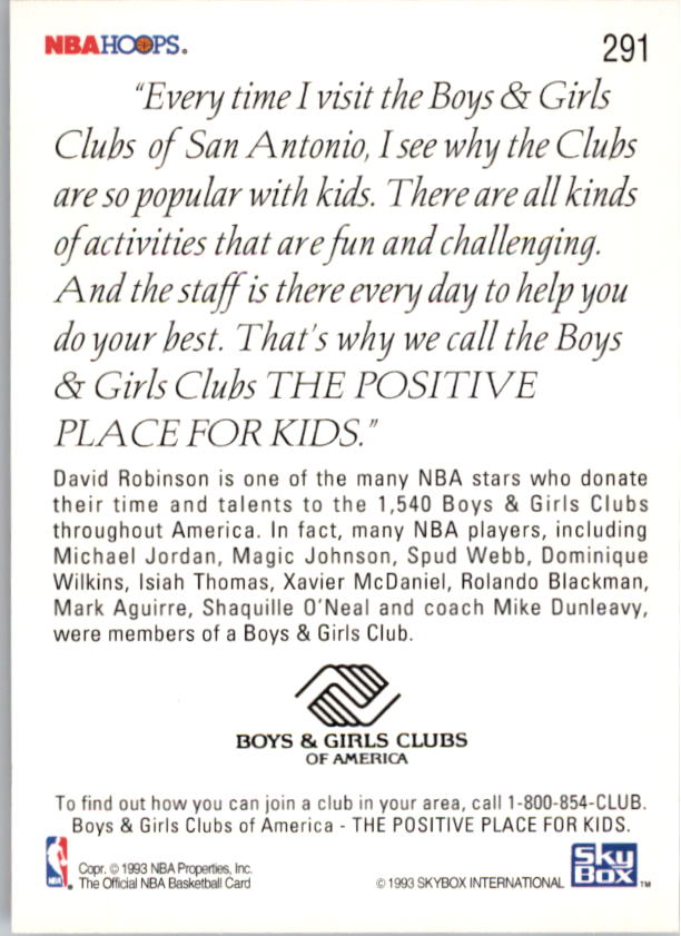 1993-94 Hoops #291 Boys and Girls Club/David Robinson back image