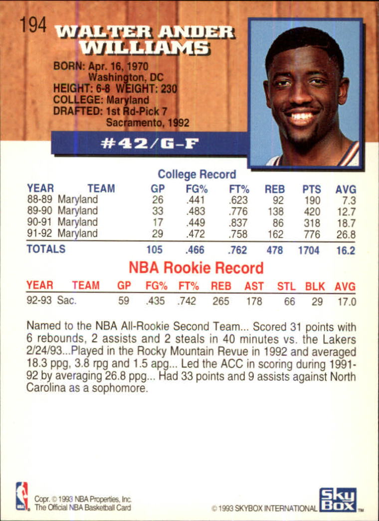 1993-94 Hoops Fifth Anniversary Gold #194 Walt Williams back image