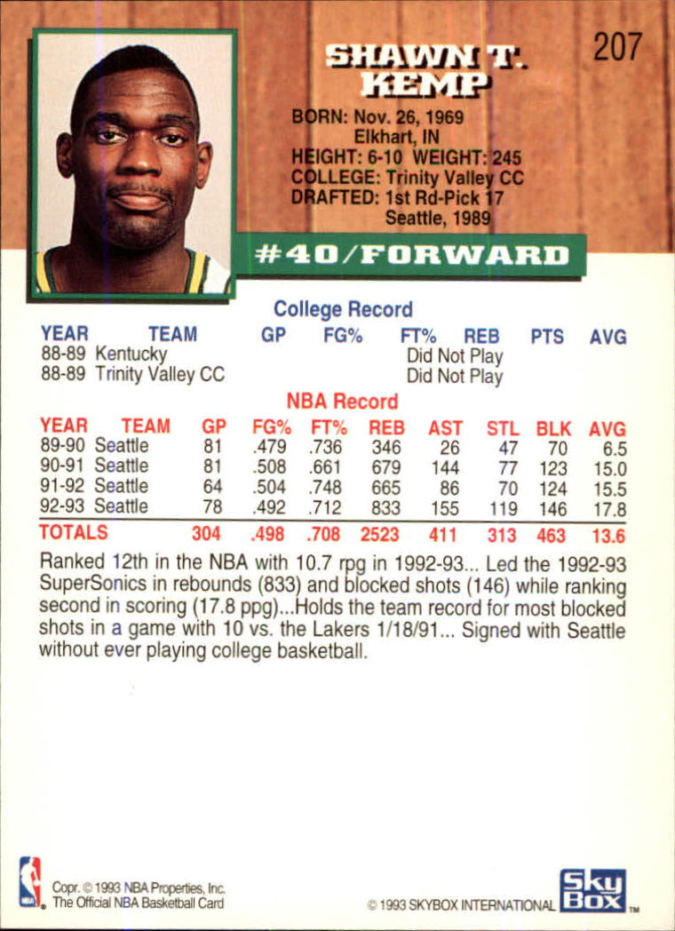 1993-94 Hoops Fifth Anniversary Gold #207 Shawn Kemp back image