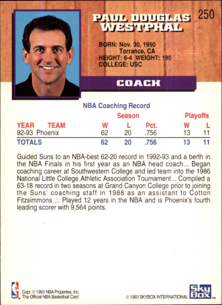 1993-94 Hoops Fifth Anniversary Gold #250 Paul Westphal CO back image