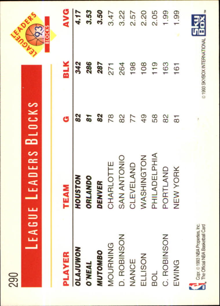 1993-94 Hoops Fifth Anniversary Gold #290 Blocks/Hakeem Olajuwon/Shaquille O'Neal/Dikembe Mutombo back image