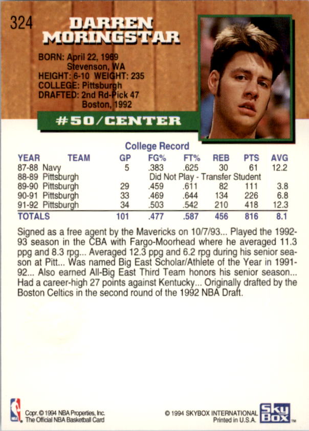 1993-94 Hoops Fifth Anniversary Gold #324 Darren Morningstar/(See also 334) back image