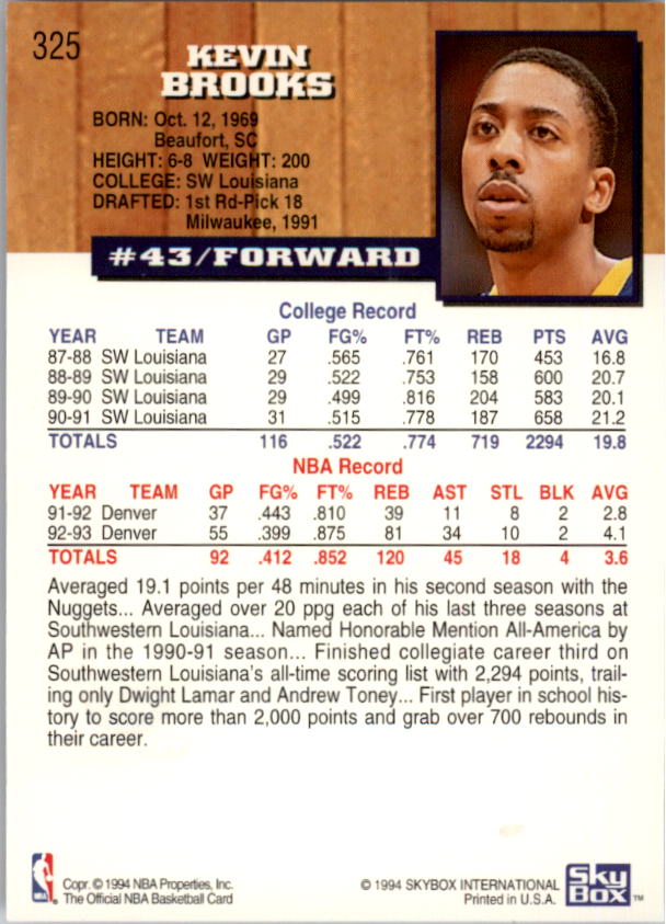 1993-94 Hoops Fifth Anniversary Gold #325 Kevin Brooks back image