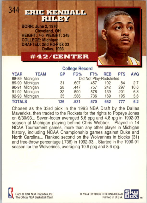 1993-94 Hoops Fifth Anniversary Gold #344 Eric Riley back image