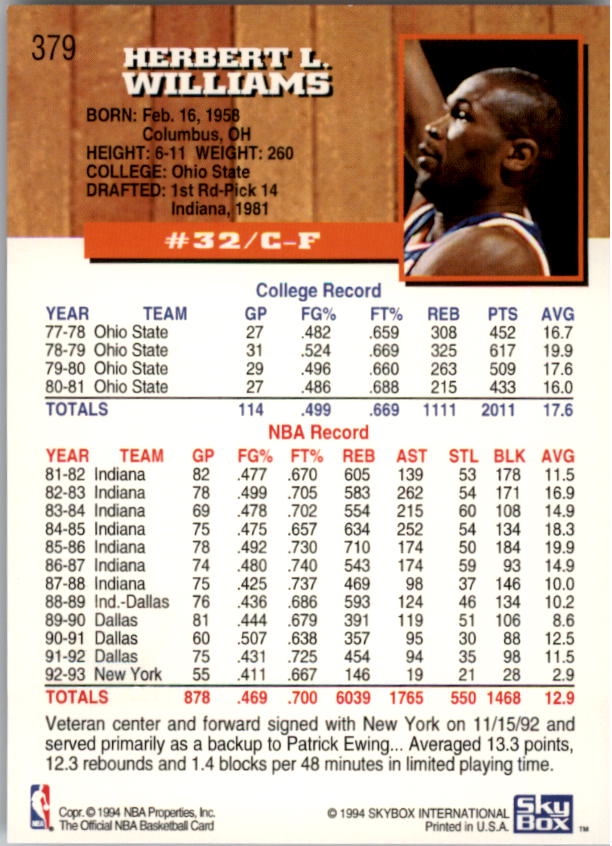 1993-94 Hoops Fifth Anniversary Gold #379 Herb Williams back image