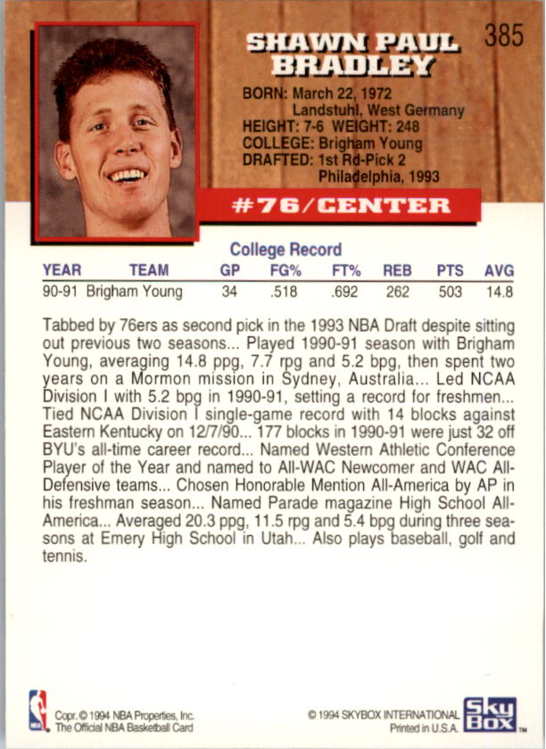 1993-94 Hoops Fifth Anniversary Gold #385 Shawn Bradley back image