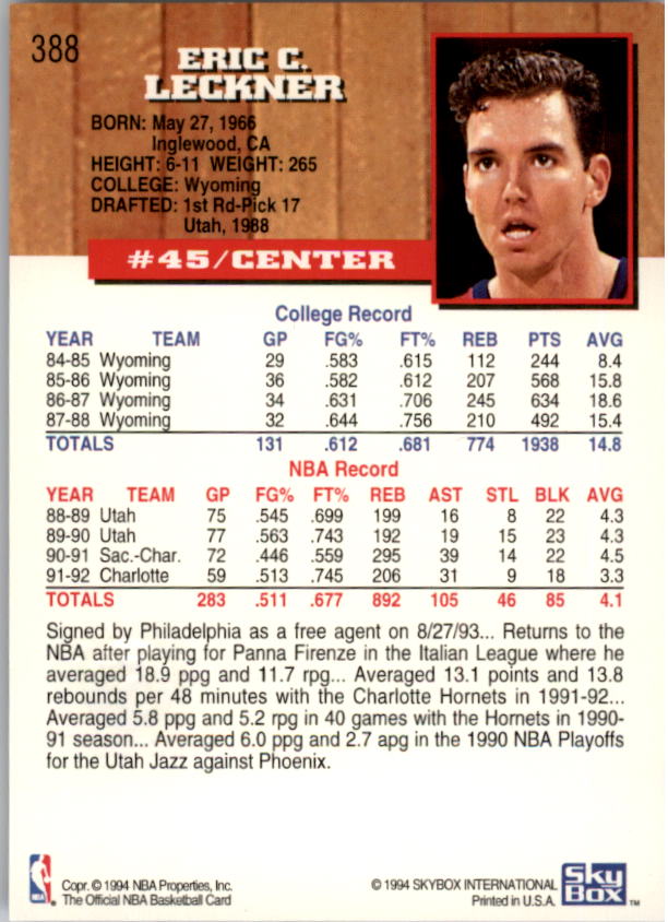 1993-94 Hoops Fifth Anniversary Gold #388 Eric Leckner back image