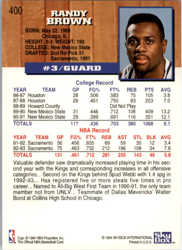 1993-94 Hoops Fifth Anniversary Gold #400 Randy Brown back image