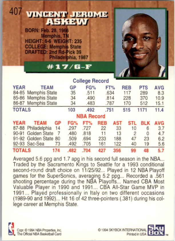 1993-94 Hoops Fifth Anniversary Gold #407 Vincent Askew back image