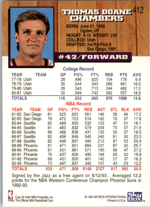 1993-94 Hoops Fifth Anniversary Gold #412 Tom Chambers back image