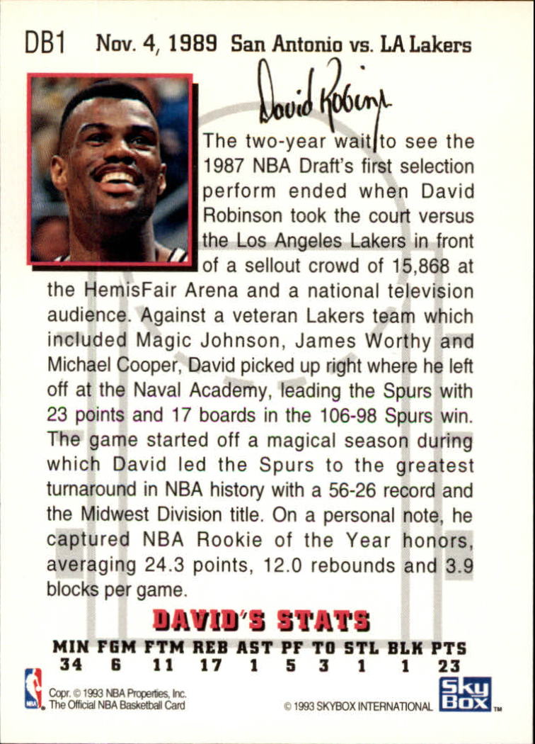 1993-94 Hoops David's Best #DB1 David Robinson/(Vs. Lakers) back image