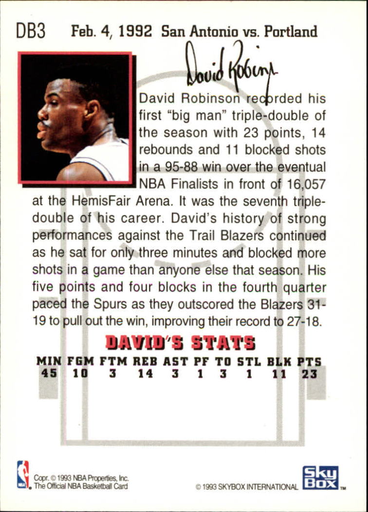 1993-94 Hoops David's Best #DB3 David Robinson/(Vs. Trail Blazers) back image