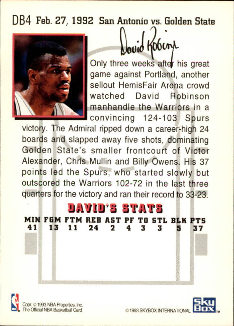 1993-94 Hoops David's Best #DB4 David Robinson/(Vs. Warriors) back image