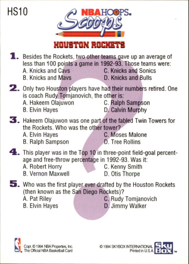 1993-94 Hoops Scoops #HS10 Hakeem Olajuwon UER/(Robert Horry is featured player) back image