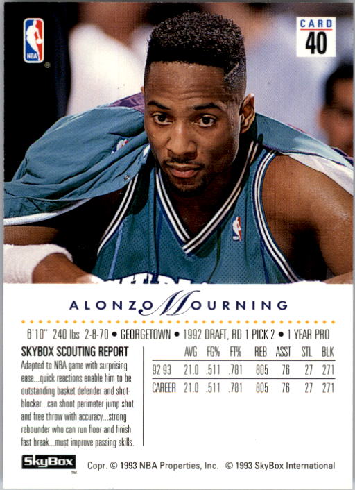 1993-94 SkyBox Premium #40 Alonzo Mourning back image