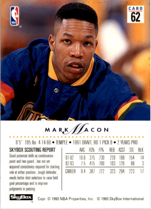 1993-94 SkyBox Premium #62 Mark Macon back image