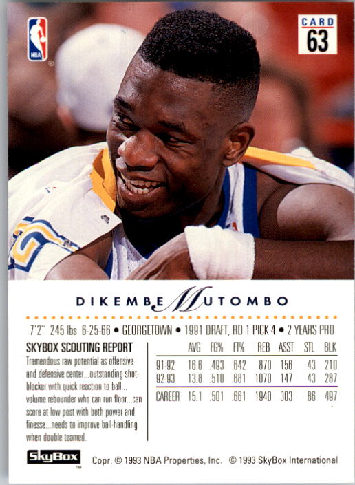 1993-94 SkyBox Premium #63 Dikembe Mutombo back image