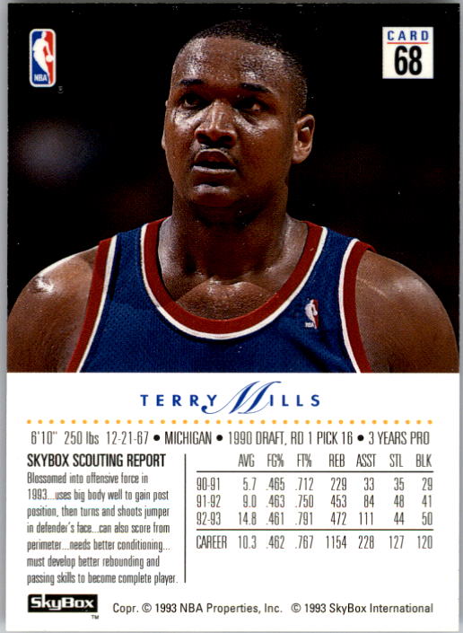 1993-94 SkyBox Premium #68 Terry Mills back image