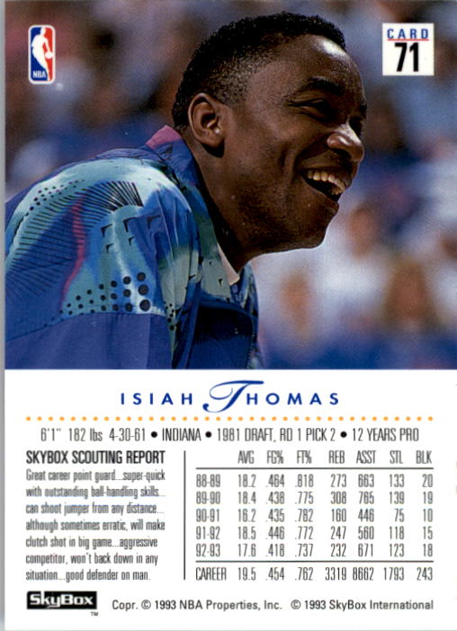 1993-94 SkyBox Premium #71 Isiah Thomas back image