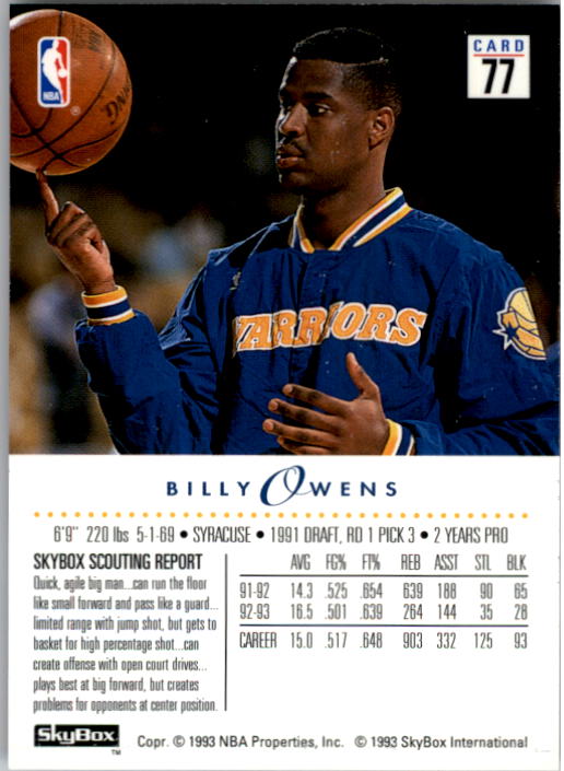 1993-94 SkyBox Premium #77 Billy Owens back image