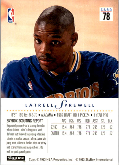 1993-94 SkyBox Premium #78 Latrell Sprewell back image