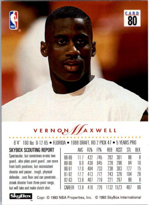 1993-94 SkyBox Premium #80 Vernon Maxwell back image