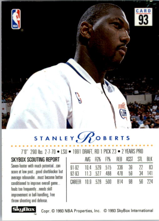 1993-94 SkyBox Premium #93 Stanley Roberts back image