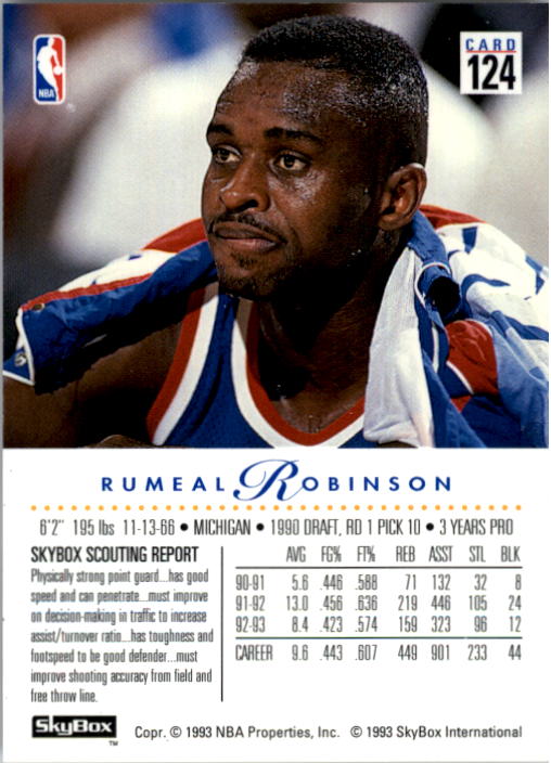 1993-94 SkyBox Premium #124 Rumeal Robinson back image