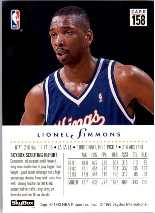 1993-94 SkyBox Premium #158 Lionel Simmons back image