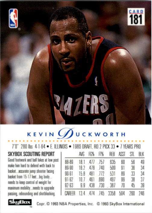 1993-94 SkyBox Premium #181 Kevin Duckworth back image