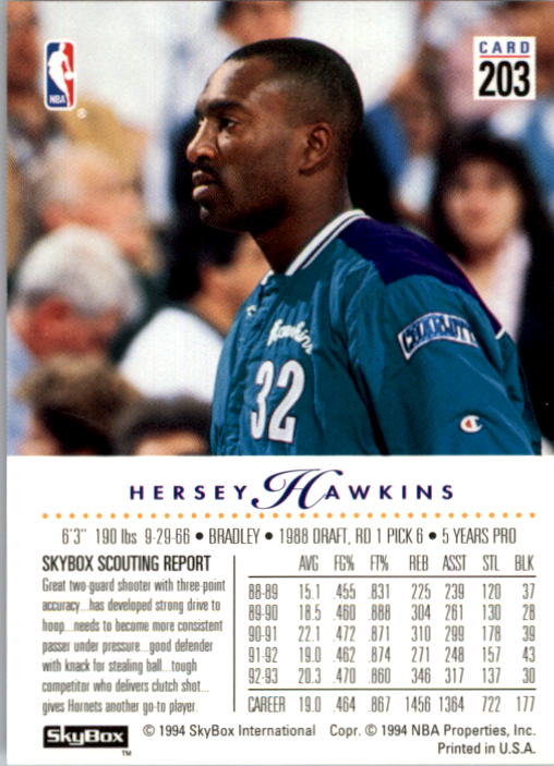 1993-94 SkyBox Premium #203 Hersey Hawkins back image