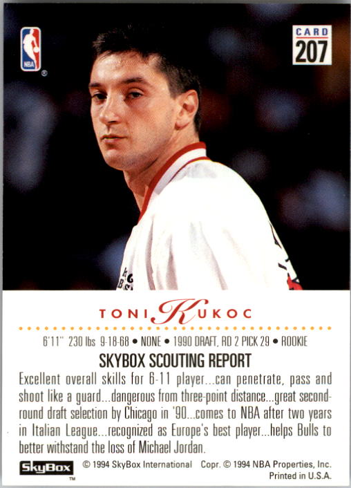 1993-94 SkyBox Premium #207 Toni Kukoc RC back image