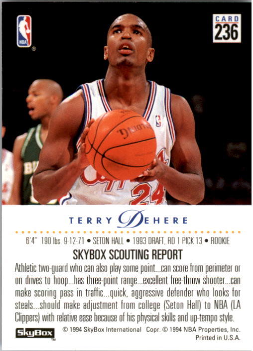 1993-94 SkyBox Premium #236 Terry Dehere RC back image