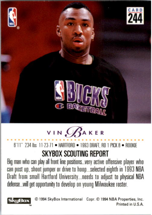 1993-94 SkyBox Premium #244 Vin Baker RC back image