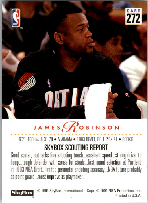 1993-94 SkyBox Premium #272 James Robinson RC back image