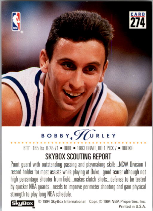 1993-94 SkyBox Premium #274 Bobby Hurley RC back image