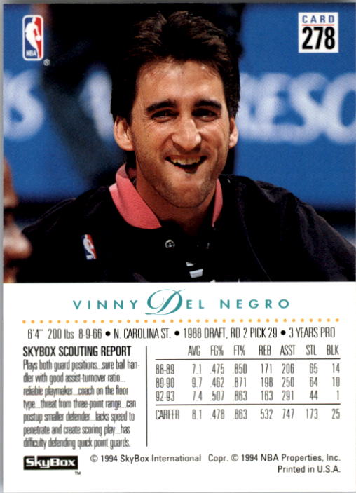 1993-94 SkyBox Premium #278 Vinny Del Negro back image