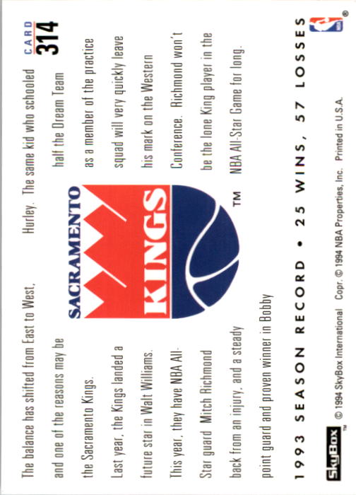 1993-94 SkyBox Premium #314 Bobby Hurley CF/Mitch Richmond back image